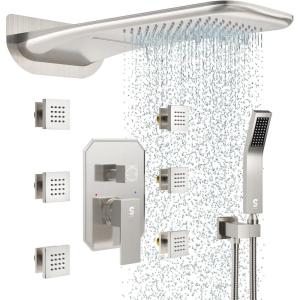 image4Function Waterfall Shower System with Body Jets SR SUN RISE Full Body Rainfall Shower System with Handheld Shower Faucet Complete Sets Wall Mounted Shower Fixture Set for Bathroom Matte BlackBrushed Nickel