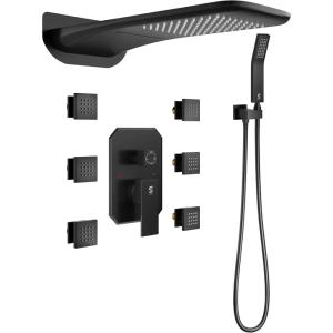 image4Function Waterfall Shower System with Body Jets SR SUN RISE Full Body Rainfall Shower System with Handheld Shower Faucet Complete Sets Wall Mounted Shower Fixture Set for Bathroom Matte BlackMatte Black