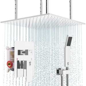 image4Function Waterfall Shower System with Body Jets SR SUN RISE Full Body Rainfall Shower System with Handheld Shower Faucet Complete Sets Wall Mounted Shower Fixture Set for Bathroom Matte BlackPolished Chrome