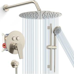 imageSR SUN RISE 12 Inch Rain Shower System High Pressure Shower Heads and Handheld 6Spray Combo Set Slide Bar Shower Faucets Sets Complete Included Valve and Trim Kit for Bathroom Brushed NickelBrushed Nickel