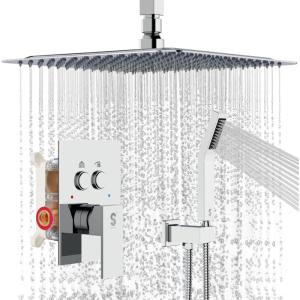 imageSR SUN RISE Shower System with Push Button Diverter Luxury 10 Inch Rain Shower Head with Handheld Spray High Pressure Shower Faucet Combo Set with Roughin Valve Polished ChromePolished Chrome