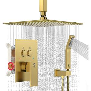imageSR SUN RISE Shower System with Push Button Diverter Luxury 10 Inch Rain Shower Head with Handheld Spray High Pressure Shower Faucet Combo Set with Roughin Valve Polished ChromeBrushed Gold