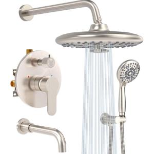 imageSR SUN RISE 10 Inches Wall Mounted Shower System with Tub Spout Shower Tub Faucets Sets Complete Newer Model High Pressure 3Spray Rain Shower Head and 6Setting Handheld Combo Matte BlackBrushed Nickel