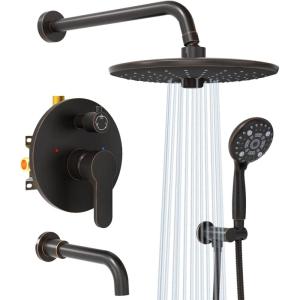 imageSR SUN RISE 10 Inches Wall Mounted Shower System with Tub Spout Shower Tub Faucets Sets Complete Newer Model High Pressure 3Spray Rain Shower Head and 6Setting Handheld Combo Matte BlackOil Rubbed Bronze