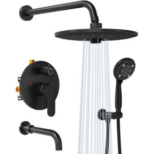 imageSR SUN RISE 10 Inches Wall Mounted Shower System with Tub Spout Shower Tub Faucets Sets Complete Newer Model High Pressure 3Spray Rain Shower Head and 6Setting Handheld Combo Matte BlackMatte Black