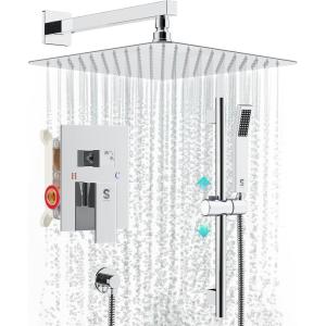 imageSR SUN RISE 12 Inch Oil Rubbed Bronze Shower Faucet Set WallMount Adjustable 16Inch Slide Bar with Square Hand Shower System Included Valve and Trim KitPolished Chrome