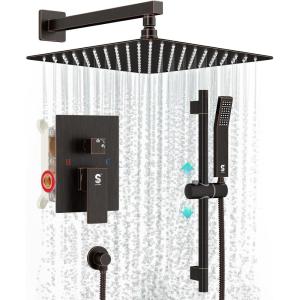 imageSR SUN RISE 12 Inch Oil Rubbed Bronze Shower Faucet Set WallMount Adjustable 16Inch Slide Bar with Square Hand Shower System Included Valve and Trim KitOil Rubbed Bronze