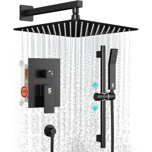 imageSR SUN RISE 12 Inch Oil Rubbed Bronze Shower Faucet Set WallMount Adjustable 16Inch Slide Bar with Square Hand Shower System Included Valve and Trim KitMatte Black