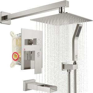 imageSR SUN RISE 12 Inches All Metal Bathtub Faucet Set Shower System with Tub Spout Rainfall Shower Head and Handheld Combo Modern Shower Fixtures Include Valve and Trim Kit Polished ChromeBrushed Nickel