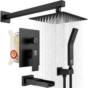 imageSR SUN RISE 12 Inches All Metal Bathtub Faucet Set Shower System with Tub Spout Rainfall Shower Head and Handheld Combo Modern Shower Fixtures Include Valve and Trim Kit Polished ChromeMatte Black