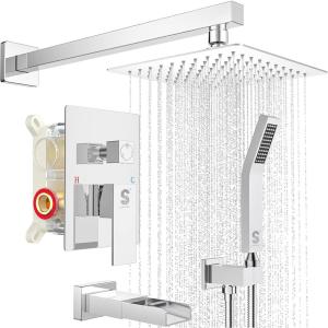 imageSR SUN RISE 12 Inches All Metal Bathtub Faucet Set Shower System with Tub Spout Rainfall Shower Head and Handheld Combo Modern Shower Fixtures Include Valve and Trim Kit Polished ChromePolished Chrome