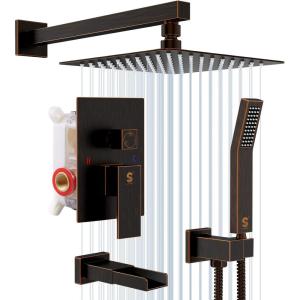 imageSR SUN RISE 12 Inches All Metal Bathtub Faucet Set Shower System with Tub Spout Rainfall Shower Head and Handheld Combo Modern Shower Fixtures Include Valve and Trim Kit Polished ChromeOil Rubbed Bronze