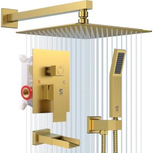 imageSR SUN RISE 12 Inches All Metal Square Shower System with Tub Spout Tub Shower Faucet Set High Pressure Rain Shower Head and Handheld Sprayer Combo Shower Fixtues Valve Included Polished ChromeBrushed Gold