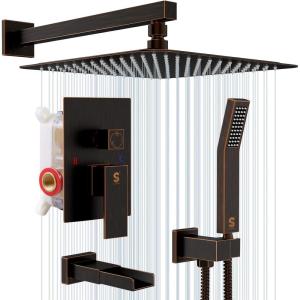 imageSR SUN RISE 12 Inches All Metal Square Shower System with Tub Spout Tub Shower Faucet Set High Pressure Rain Shower Head and Handheld Sprayer Combo Shower Fixtues Valve Included Polished ChromeOil Rubbed Bronze