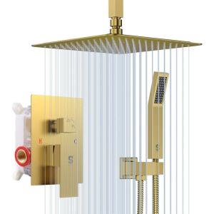 imageSR SUN RISE 16 Inch Ceiling Mounted Shower System Rain Mixer Shower Combo Set Rainfall Shower Head System Brushed Gold Shower Faucet Roughin Valve Body and Trim IncludedBrushed Gold