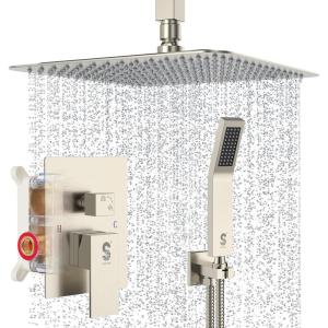 imageSR SUN RISE 16 Inch Ceiling Mounted Shower System Rain Mixer Shower Combo Set Rainfall Shower Head System Brushed Gold Shower Faucet Roughin Valve Body and Trim IncludedBrushed Nickel
