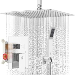 imageSR SUN RISE 16 Inch Ceiling Mounted Shower System Rain Mixer Shower Combo Set Rainfall Shower Head System Brushed Gold Shower Faucet Roughin Valve Body and Trim IncludedPolished Chrome