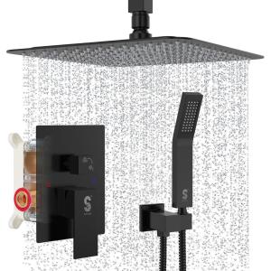 imageSR SUN RISE 16 Inch Ceiling Mounted Shower System Rain Mixer Shower Combo Set Rainfall Shower Head System Brushed Gold Shower Faucet Roughin Valve Body and Trim IncludedMatte Black