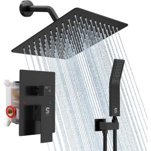 imageSR SUN RISE Shower Faucets Sets Complete Brushed Gold Square Rain Shower Head with Handheld Spray All Metal Shower Faucet Trim Repair Kits Contain Shower ValveMatte Black