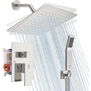 imageSR SUN RISE Shower Faucets Sets Complete Brushed Gold Square Rain Shower Head with Handheld Spray All Metal Shower Faucet Trim Repair Kits Contain Shower ValveBrushed Nickel