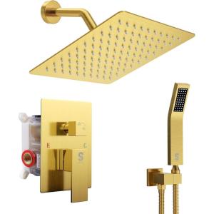 imageSR SUN RISE Shower Faucets Sets Complete Brushed Gold Square Rain Shower Head with Handheld Spray All Metal Shower Faucet Trim Repair Kits Contain Shower ValveBrushed Gold