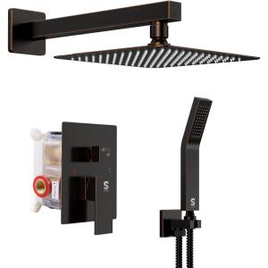 imageSR SUN RISE Shower Faucets Sets Complete Brushed Gold Square Rain Shower Head with Handheld Spray All Metal Shower Faucet Trim Repair Kits Contain Shower ValveOil Rubbed Bronze