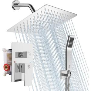 imageSR SUN RISE Shower Faucets Sets Complete Brushed Gold Square Rain Shower Head with Handheld Spray All Metal Shower Faucet Trim Repair Kits Contain Shower ValvePolished Chrome