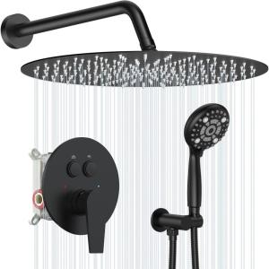 imageSR SUN RISE Shower System 12 inch Multifunction Shower Faucet Set 6 Setting High Pressure Handheld Rain Shower Head Kits Valve Included  Push Button DiverterStainless SteelBrushed GoldMatte Black