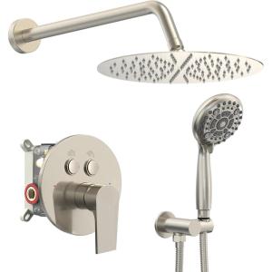 imageSR SUN RISE Shower System 12 inch Multifunction Shower Faucet Set 6 Setting High Pressure Handheld Rain Shower Head Kits Valve Included  Push Button DiverterStainless SteelBrushed GoldBrushed Nickel