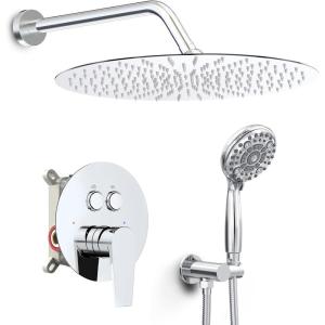 imageSR SUN RISE Shower System 12 inch Multifunction Shower Faucet Set 6 Setting High Pressure Handheld Rain Shower Head Kits Valve Included  Push Button DiverterStainless SteelBrushed GoldPolished Chrome