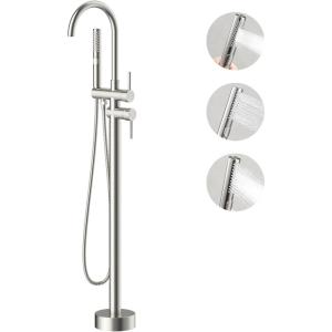 imageFree Standing Bathtub Faucet Set SR SUN RISE Floor Mount Tub Filler with 3Function Handheld Shower Head Matte Black High Flow Brass Freestanding Shower FaucetBrushed Nickel