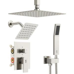 image:imageShower Faucet Set Shower System  SR SUN RISE Brushed Nickel Shower Trim Kit with Dual Shower Head 12 Ceiling Rainfall 6 Wall Mount with Handheld Shower for Couples Complete 6 Diverter ValveBrushed Nickel