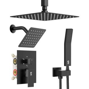 image:imageShower Faucet Set Shower System  SR SUN RISE Brushed Nickel Shower Trim Kit with Dual Shower Head 12 Ceiling Rainfall 6 Wall Mount with Handheld Shower for Couples Complete 6 Diverter ValveMatte Black