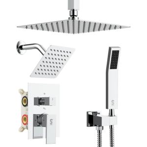 image:imageShower Faucet Set Shower System  SR SUN RISE Brushed Nickel Shower Trim Kit with Dual Shower Head 12 Ceiling Rainfall 6 Wall Mount with Handheld Shower for Couples Complete 6 Diverter ValvePolished Chrome