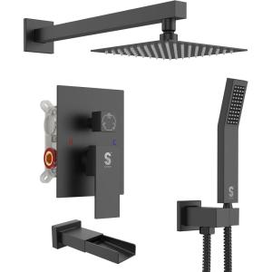 image:imageSR SUN RISE 12 Inches All Metal Square Shower System with Tub Spout Tub Shower Faucet Set High Pressure Rain Shower Head and Handheld Sprayer Combo Shower Fixtues Valve Included Brushed NickelMatte Black