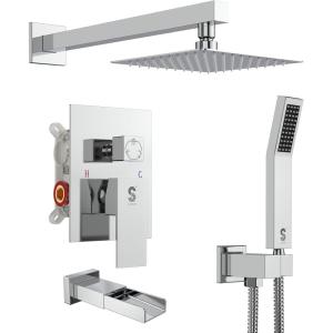 image:imageSR SUN RISE 12 Inches All Metal Square Shower System with Tub Spout Tub Shower Faucet Set High Pressure Rain Shower Head and Handheld Sprayer Combo Shower Fixtues Valve Included Brushed NickelPolished Chrome