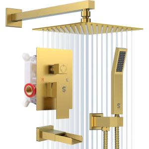 image:imageSR SUN RISE 12 Inches All Metal Square Shower System with Tub Spout Tub Shower Faucet Set High Pressure Rain Shower Head and Handheld Sprayer Combo Shower Fixtues Valve Included Brushed NickelBrushed Gold