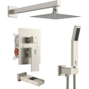 image:imageSR SUN RISE 12 Inches All Metal Square Shower System with Tub Spout Tub Shower Faucet Set High Pressure Rain Shower Head and Handheld Sprayer Combo Shower Fixtues Valve Included Brushed NickelBrushed Nickel