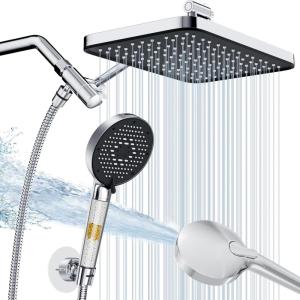 image:image12 Inch Wide Rain Shower Head with NSF Filtered Handheld Combo High Pressure Rainfall Shower Head 9 Spray Modes Handheld with 9Inch Extension Arm Comes with Filter Removes ChlorineBlackChrome